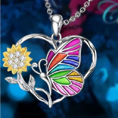 HEART BUTTERFLY SUNFLOWER pendant 925 Sterling Silver plated 20'' Necklace women
