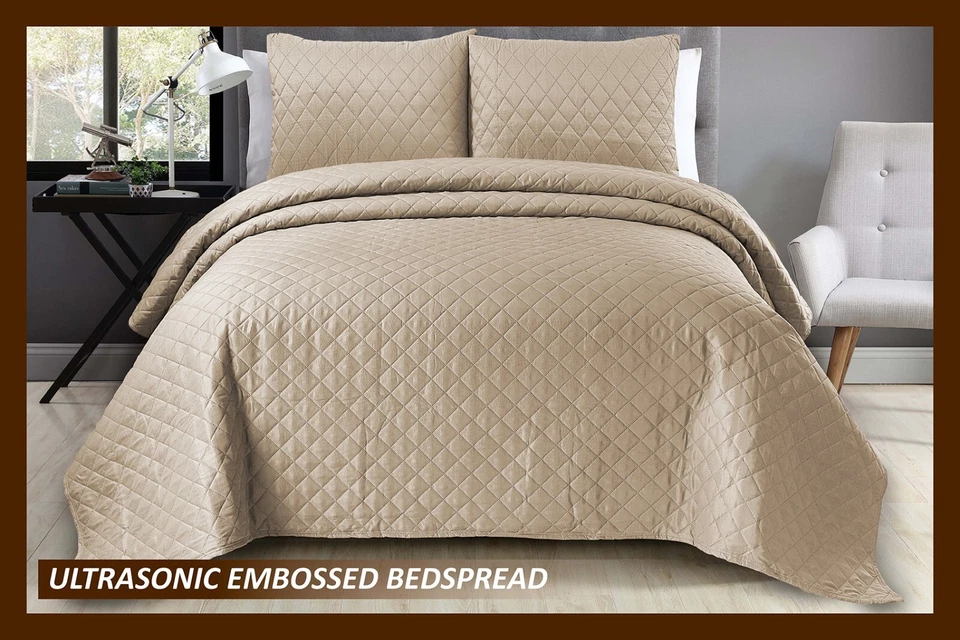 3Piece Quilted Bed Throw Comforter Bedspread Single Double King Size Bedding Set - Image 2 of 4