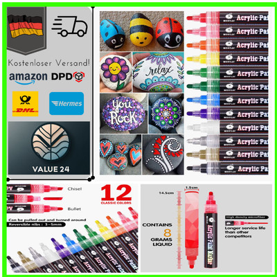 Acrylstifte Marker für Bemalen, Wasserfest & 12 Farben