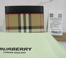 BURBERRY SANDON BEIGE CHECK  BLACK COATED CANVAS LEATHE  LOGO CARD HOLDER WALLET