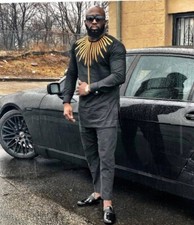 Embroidered Black and Gold Men's Long Sleeve Shirt and Pants African Clothing