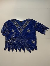 Vintage Anjumun California Sequin Wearable Art India Blue Women  s Blouse Shirt