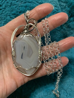 Unique White And Silver Wire Wrapped Pendant With Silver Chain.Shipping Included