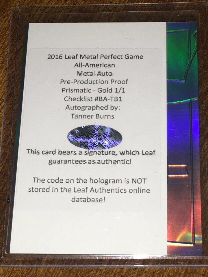 TANNER BURNS 2016 Leaf Perfect Game GOLD PROOF Autograph #1/1 INDIANS AUBURN - Image 3 of 3