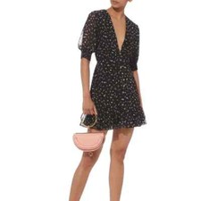 THE EAST ORDER Black Floral Deep V Neck Short Sleeve Mini Dress M