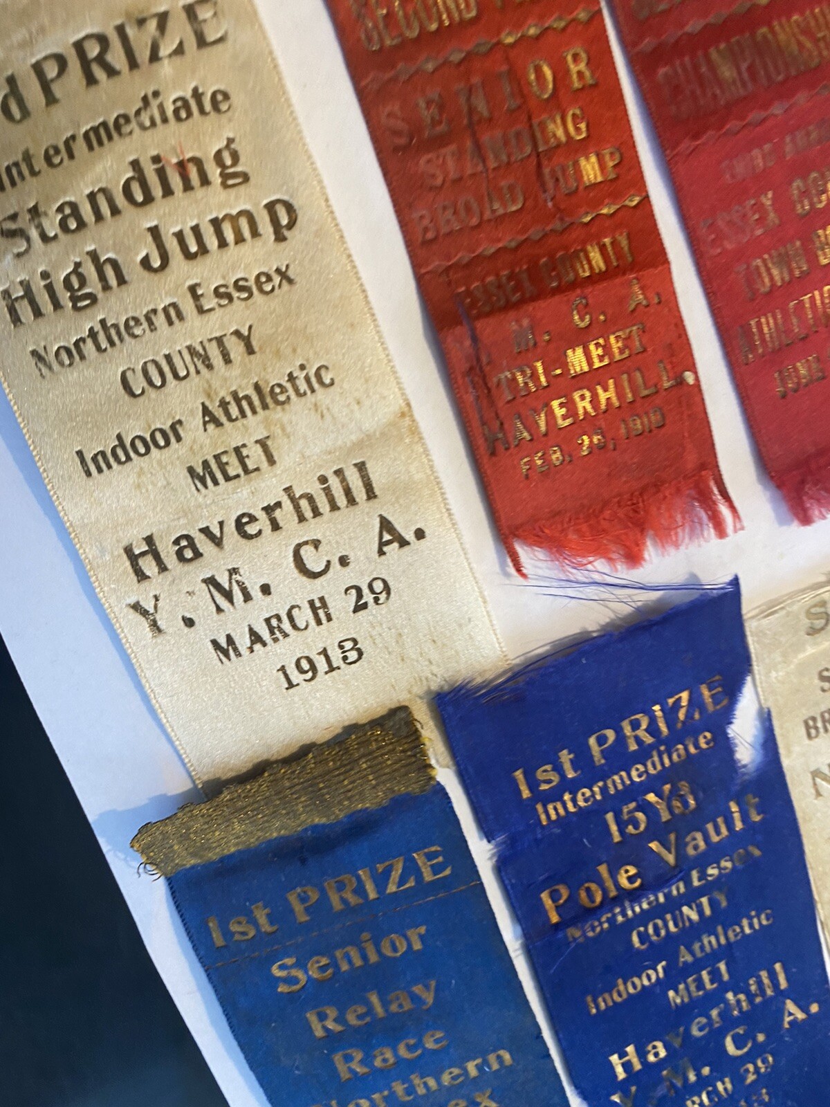 LOT OF 6 RIBBONS PINBACKS 1908 - 1913 ESSEX COUNTY YMCA HAVERHILL MASSACHUSETTS