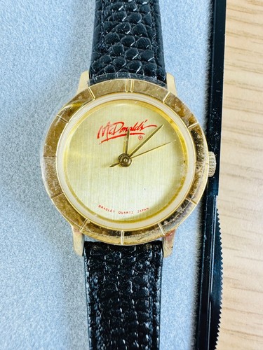 1980's McDonalds Gold Colored Black Leather Strap Vintage woman's watch Japan