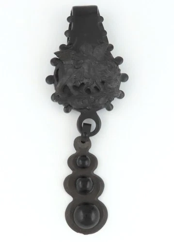 1860s VICTORIAN SYMBOLIC " CUPID & LION " MOURNING VULCANITE PENDANT HANGING PIN