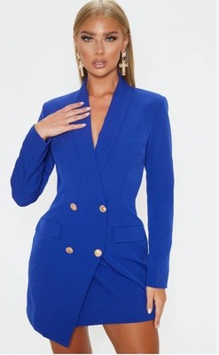 blue gold button blazer dress Baby Blue Luxe Stain Asymmetric Double Breasted Gold Button Blazer Dre main image 0