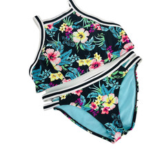 2 Piece Tropical Floral Print Halter Medium Top Bikini Bottom Large beachy