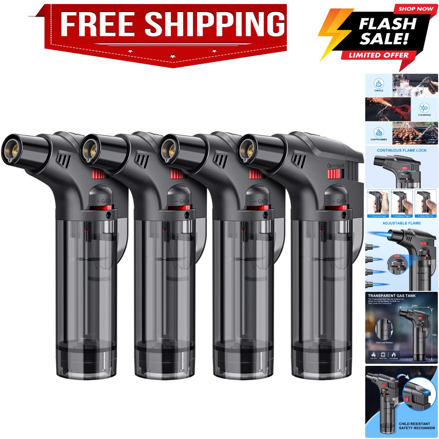 Torch Lighters, 4 Pack, Butane Refillable Jet Flame Torch Li