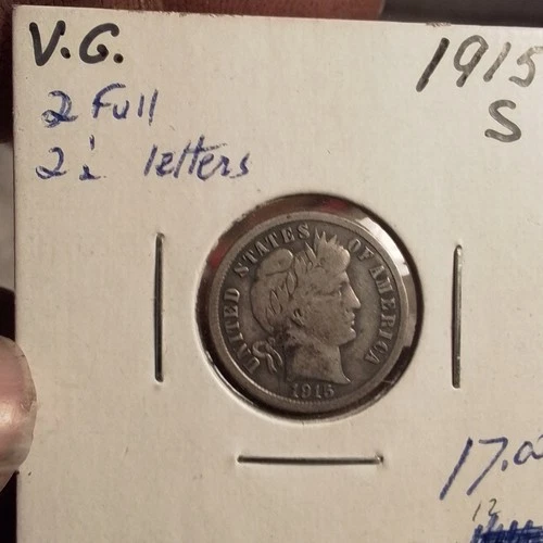 antique Vintage 1915 Barber Dime VG Silver San Francisco Mint