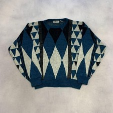 Vintage Abstract Knitted Jumper Patterned Grandad Knit Sweater Men's L