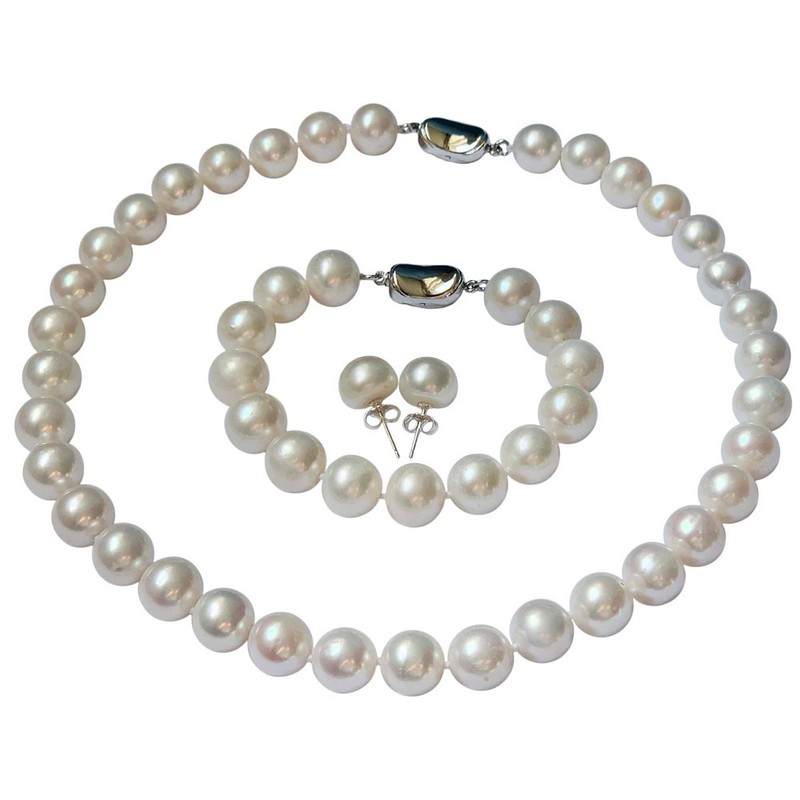18 Inch Set ROUND 11-12mm White Large Pearl Necklace Earring Bracelet Cultured