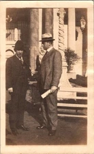 Real Photo Great Hats Two Gentlemen Posing Beautiful Architecture 1920s 4.5x2.75