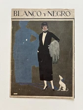 Antique Art Deco Blanco y Negro Magazine Cover, Tuxedo-Clad Woman with Dog