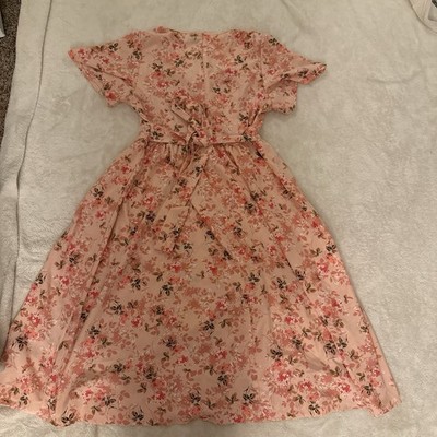 A New Day Pink Floral Chiffon Midi Dress V-Neck Tie Waist Ruffle Short  Sleeve L | eBay