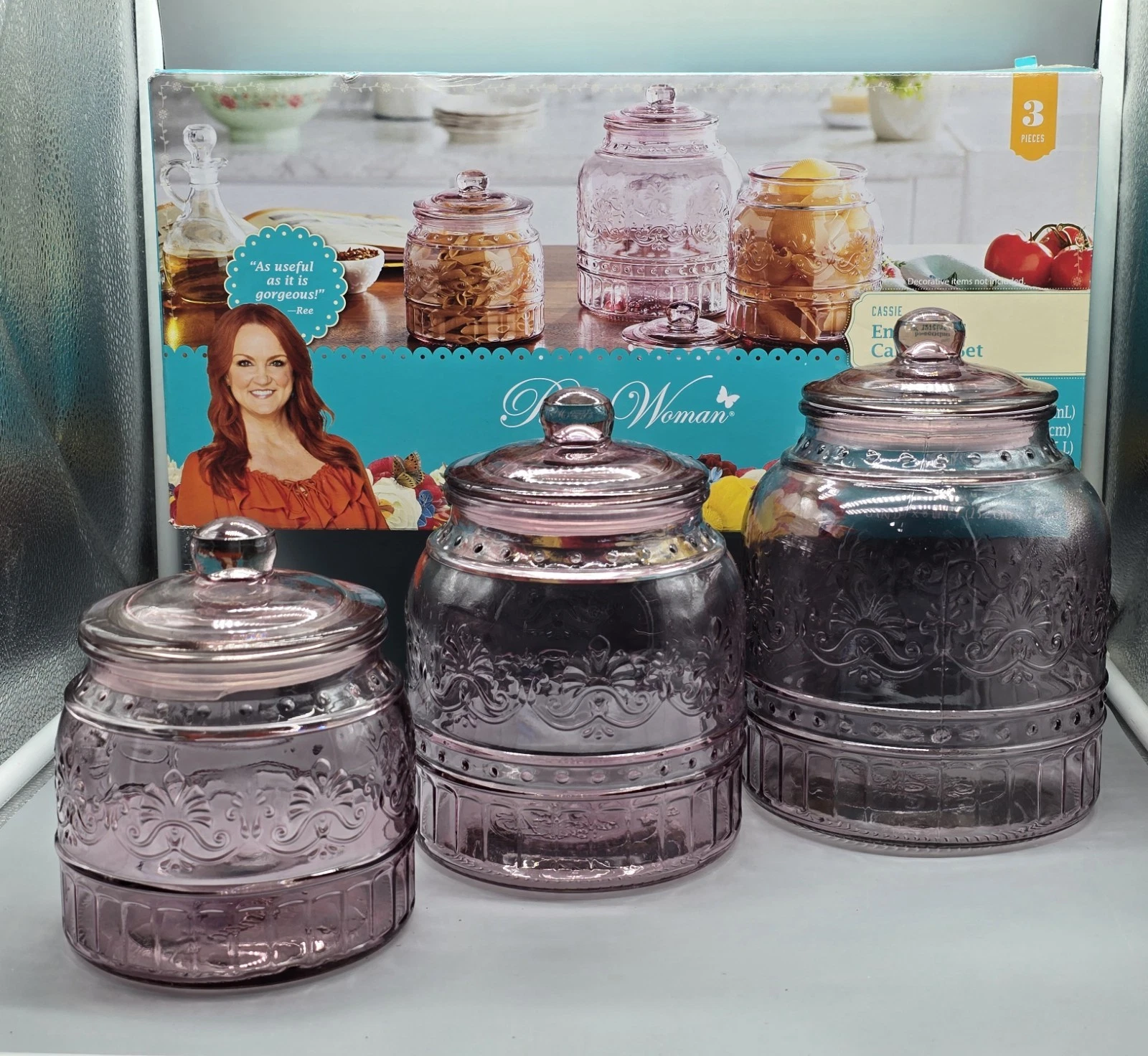 The Pioneer Woman Cassie Pink Embossed Glass Canister Set 3pc Lids New