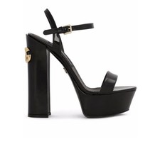 Dolce&Gabbana Black Leather Platform Block Heel Sandals Ankle Strap Logo Buckle