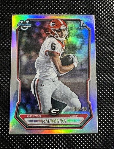 2026 Topps Bowman Chrome Isiah Canion 1st Refractor football card with holographic background, #BCP-53.