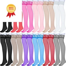 Jeyiour 12 Pairs Thigh High Stockings Silicone Lace Top Semi Sheer Stockings... 