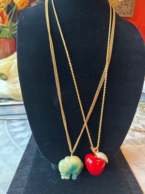 2 Vtg Kenneth Lane KJL Necklaces Lucite Resin Green Elephant Red Apple Pendants