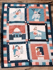 VTG Nursery Rhyme Crib Quilt Baby Blanket Patchwork 32 41 Navy Pink Mother Goose