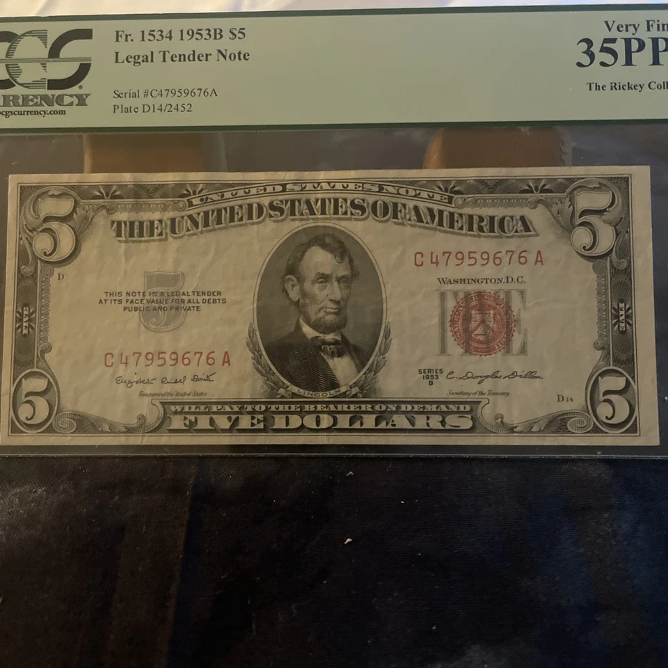 1953B $5 Vintage Red Seal Federal Reserve Note The Rickey Collection PCGS 35ppq - Image 2 of 4