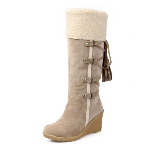 Womens Faux Suede Fur Trim Knee High Snow Boots Winter Warm Shoes Mid Calf Boot - Picture 14 of 15