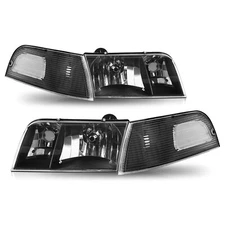 For 98-11 Ford Crown Victoria Black Housing Headlight+Corner Signal Lamp Pair