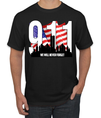 9 11 We Will Never Forget Patriot Day Flag and Twin Tower Men TShirt