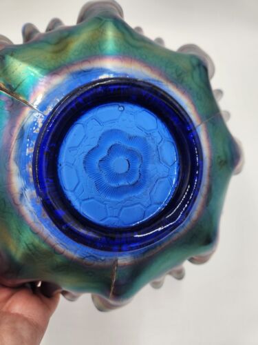 Antica ciotola Fenton vetro carnevale prigioniero rosa blu cobalto pesante iridescente 8" - Foto 17 di 20
