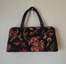 1960s Navy Blue Floral Carpet Bag Gold Accents