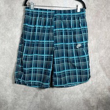 Nike Board Shorts Mens Size Large Blue Green Plaid Drawstring Pockets Swoosh