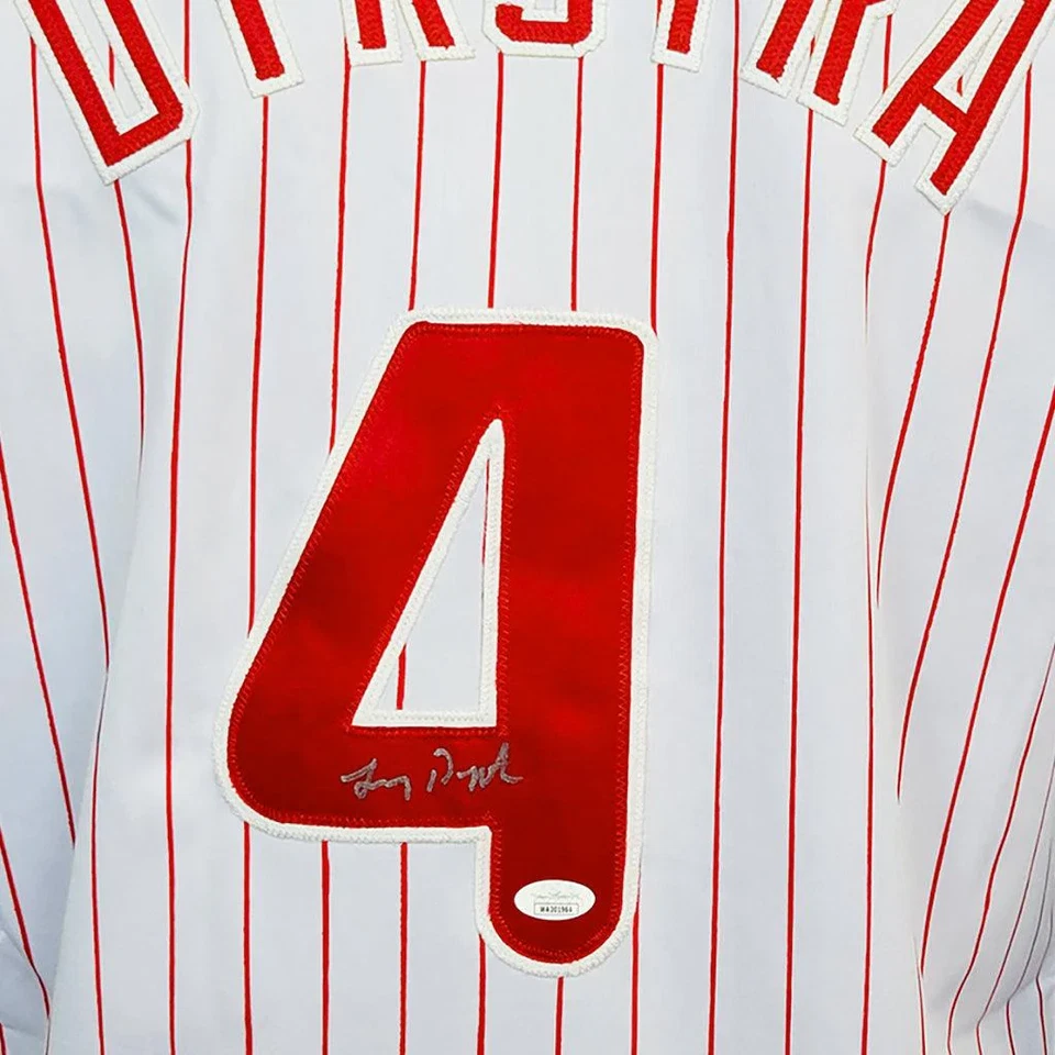 Camiseta de béisbol a rayas blancas firmada por Lenny Dykstra de Filadelfia (JSA) Foto 2 de 3