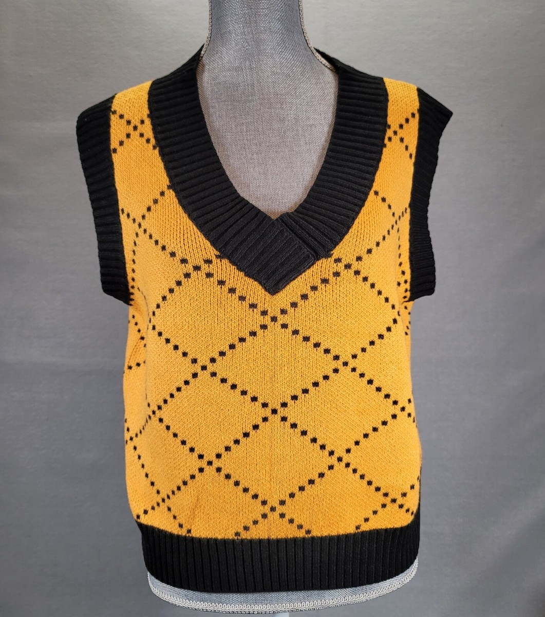 Shein black/ Yellow Diamond Argyle Sweater Vest Size S ,EU 36, US