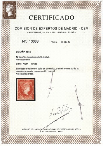 ISABEL II * NE1 NO EXPENDIDO I TIRADA - CERTIFICADO CEM - AÑO 1859 - MUY RARO - Picture 2 of 2