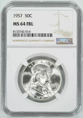 1957 FRANKLIN HALF DOLLAR 50C NGC MS 64 FBL MINT UNC - FULL BELL LINES (014)