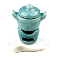 Puppenhaus Miniatur Aquamarin Keramik 4 Teile Fondue Set