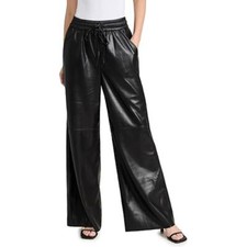 Good American Womens Size 8 Wide Leg Faux Leather Pants Black Shiny Drawstring