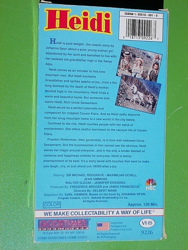 HEIDI THE NBC CLASSIC (1968 FILM 1992 VHS TAPE GOODTIMES JENNIFER EDWARDS - Picture 7 of 7