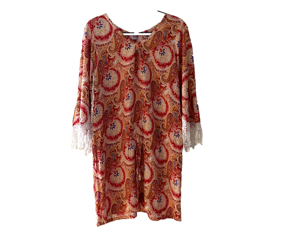 Women's 10 Cotton Hand Made Paisley Short V-Neck Kaftan Dress, Multicoloured