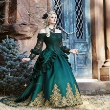 Medieval Victorian Wedding Dress Dark Green Off-Shoulder Long Sleeves Satin