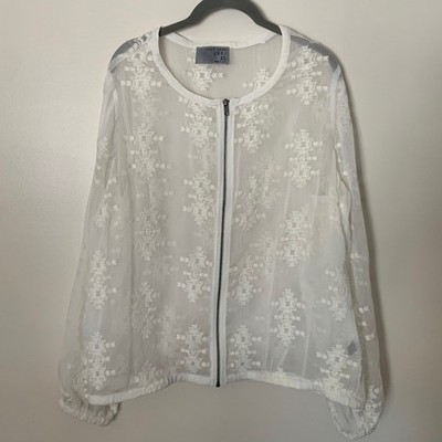 Ruff Hewn XL White Embroidered Sheer Zip Blouse Whimsy Cottage Romantic Boho EUC