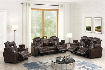 NEW 3PC LED Sofa Recliner Set Brown Leather Bluetooth Speaker & Wireless Charge
