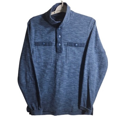 LL Bean Blue Heathered Waffle Knit Snap Closure Mock Neck Pullover Sweater S REG