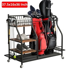 Garage Golf Bag Storage Rack Double Golf Bag Organizer Holder w/ Lockable Wheels