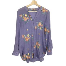 Figueroa  Flower Women's LARGE Button Up Tunic Purple Floral Embroidered Boho