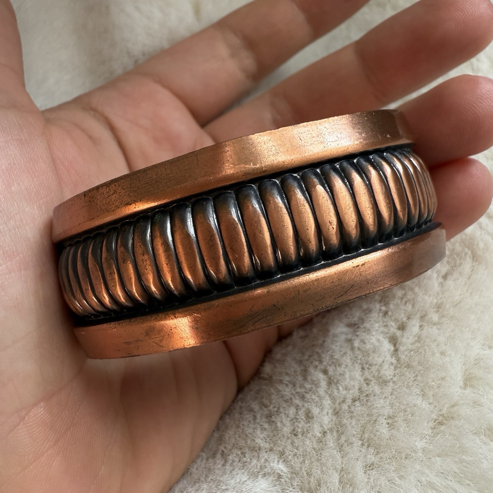 Vintage Solid Copper Ridged Textured Bracelet Cuf… - image 5
