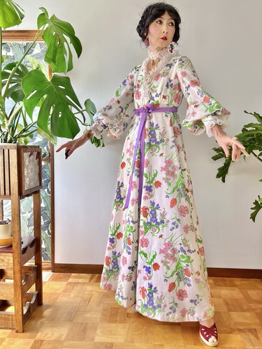 70er Prinzessin Kaiulani Hawaii Blumen Maxikleid Ballon slv Boho Kleid XS S - Bild 1 von 9